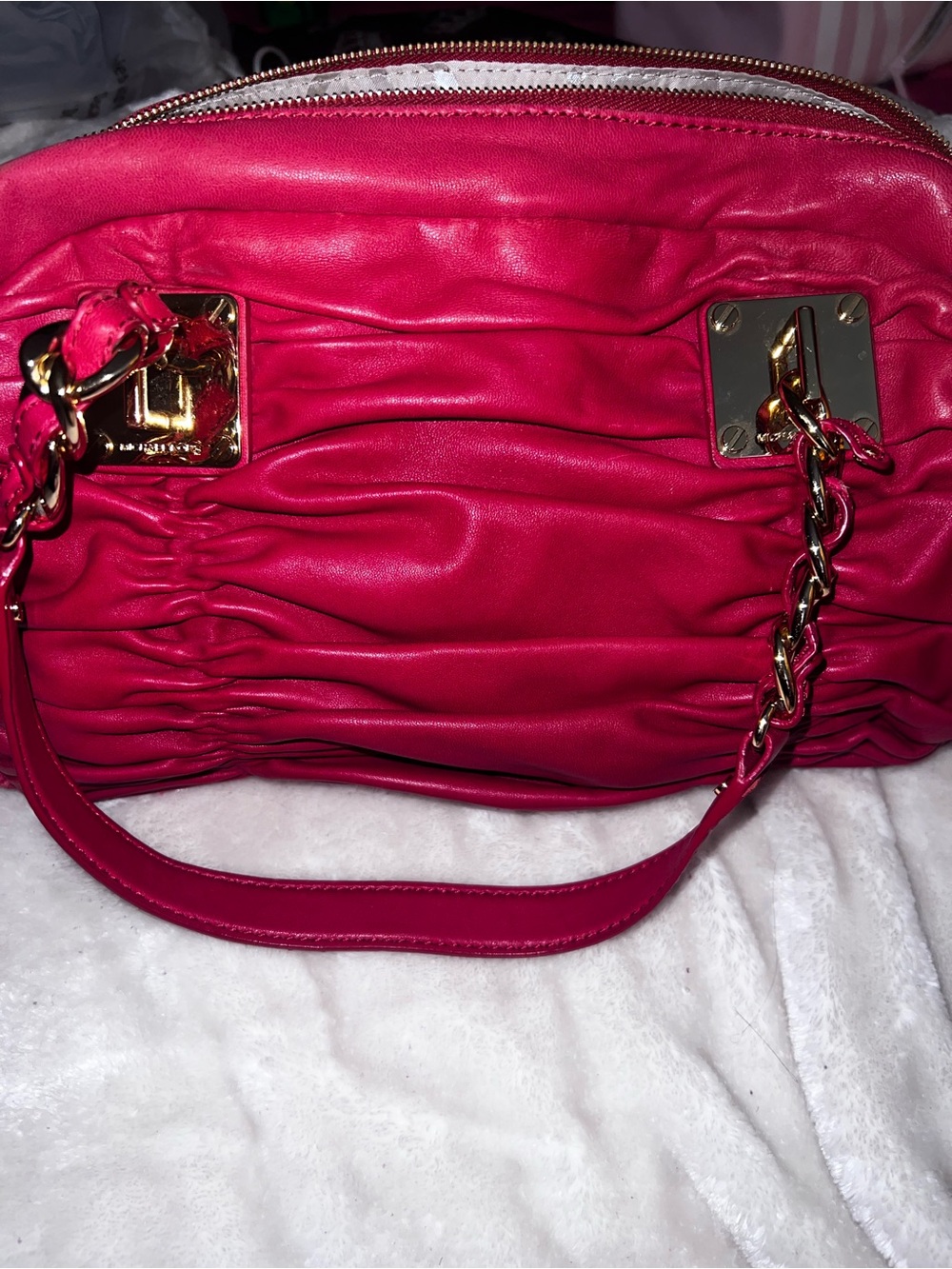 Michael Kors Hot Pink Ruched Shoulder Bag with Gold Hardware